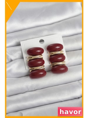 Havor Pirinç Malzemeden Üretilmiş Bordo Renkli Kadın Küpe