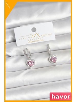 Havor Kalp Model Zirkon Taşlı Pirinç Küpe Pembe Gümüş Renk