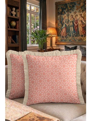 Hanna Home Dekoratif Kırlent Kılıfı Pastel Pembe Geometrik Desenli Salon Koltuk Yastığı Saçaklı Kırlent Kılıfı 43X43 cm