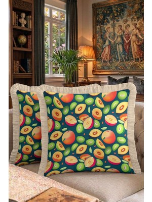 Hanna Home Saçaklı Yastık Kılıfı Kırlent Kılıfı Meyve Desenli Kırlent Kılıfı Kanepe Dekorasyonu 43X43 cm