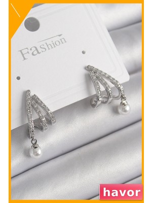 Havor Zirkon Taşlı Pençe Model Inci Detaylı Pirinç Küpe