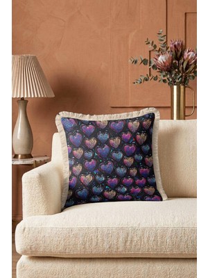 Hanna Home Dekoratif Yastık Kılıfı Düz Parlak Kalpli Ev Dekorasyonu Saçaklı Kırlent Kılıfı 43X43 cm