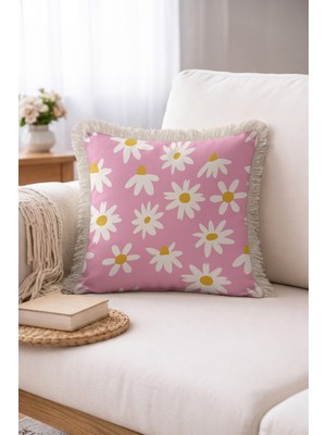 Hanna Home Saçaklı Kırlent Kılıfı Pastel Pembe Tropikal Çiçek Desenli Kırlent Kılıfı Salon Koltuk Yastığı 43X43 cm