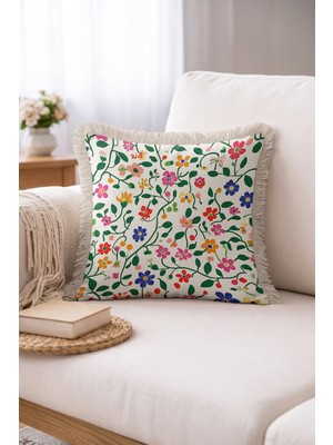 Hanna Home Saçaklı Yastık Kılıfı Botanik Floral Desenli Dekoratif Yastık Kılıfı Salon Koltuk Yastığı 43X43 cm