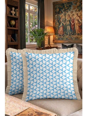 Hanna Home Kırlent Kılıfı Mavi Geometrik Desen Saçaklı Kırlent Kılıfı Saçaklı Kırlent Oturma Odası Kırlenti 43X43 cm