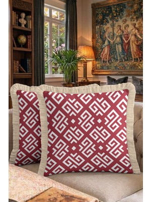Hanna Home Saçaklı Saçaklı Kırlent Kırmızı Geometrik Desenli Dekoratif Yastık Kılıfı Salon Koltuk Yastığı 43X43 cm