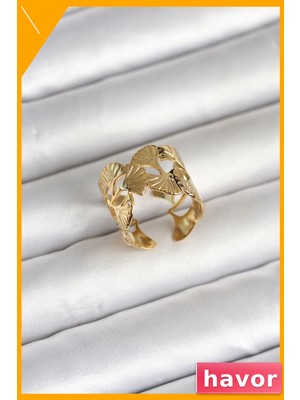 Havor Yelpaze Model 316L Çelik Gold Kadın Yüzük