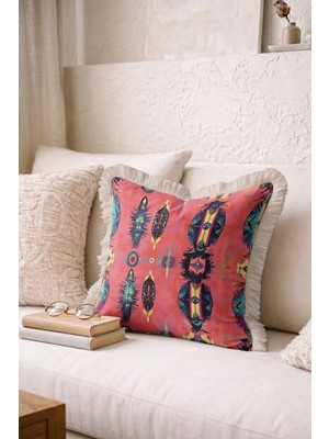 Hanna Home Kırlent Kılıfı Etnik Tüy Desenli Dekoratif Yastık Kılıfı Saçaklı Kırlent Salon Koltuk Yastığı 43X43 cm