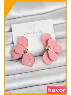 Havor Lotus Desenli Pirinç Kadın Küpe Pembe Mineli