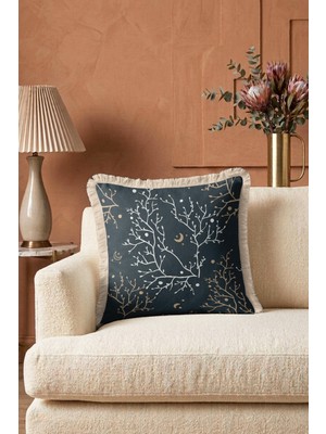 Hanna Home Saçaklı Yastık Kılıfı Navy Lacivert Dekoratif Doğal Dal Desenli Dekoratif Yastık Kılıfı Koltuk Takımı Aksesuarı 43X43