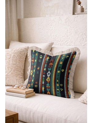Hanna Home Dekoratif Yastık Kılıfı Geometrik Desenli Oturma Odası Kırlenti Saçaklı Yastık Kılıfı 43X43 cm