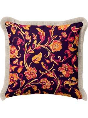 Hanna Home Dekoratif Kırlent Kılıfı Botanik Floral Desenli Oturma Odası Kırlenti Saçaklı Kırlent Kılıfı 43X43 cm