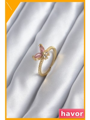 Havor Pembe Zirkon Taşlı Kelebek Desenli Ayarlanabilir Kadın Yüzüğü