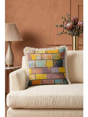 Hanna Home Saçaklı Yastık Kılıfı Kırlent Kılıfı Renkli Taş Duvar Desenli Dekoratif Kırlent Kılıfı Oturma Odası Kırlenti 43X43 cm