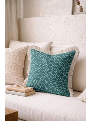 Hanna Home Dekoratif Yastık Kılıfı Turkuaz Geometrik Desenli Saçaklı Kırlent Oturma Odası Kırlenti 43X43 cm