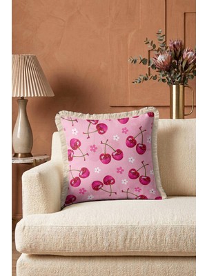 Hanna Home Dekoratif Yastık Kılıfı Pastel Pembe Kırlent Kılıfı Kiraz Desenli Salon Koltuk Yastığı Saçaklı Yastık Kılıfı 43X43 cm