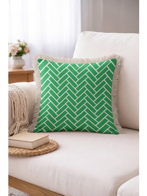 Hanna Home Dekoratif Yastık Kılıfı Kırlent Kılıfı Yeşil Zikzak Desenli Ev Dekorasyonu Saçaklı Kırlent Kılıfı 43X43 cm