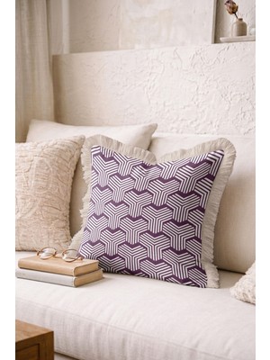 Hanna Home Saçaklı Kırlent Kılıfı Geometrik Mor Oturma Odası Kırlenti Saçaklı Yastık Kılıfı 43X43 cm