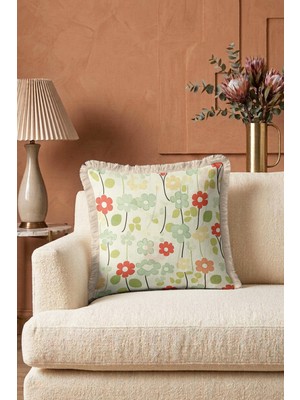 Hanna Home Saçaklı Yastık Kılıfı Tropikal Çiçek Desenli Dekoratif Kırlent Kılıfı Salon Koltuk Yastığı 43X43 cm