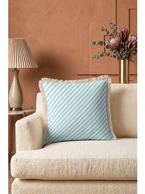 Hanna Home Saçaklı Saçaklı Kırlent Mavi Diyagonal Çizgili Kırlent Kılıfı Oturma Odası Kırlenti 43X43 cm