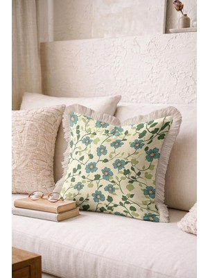 Hanna Home Saçaklı Yastık Kılıfı Tropikal Çiçek Desenli Dekoratif Kırlent Kılıfı Kanepe Dekorasyonu 43X43 cm
