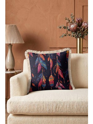 Hanna Home Kırlent Kılıfı Renkli Tüy Desenli Dekoratif Yastık Kılıfı Saçaklı Kırlent Oturma Odası Kırlenti 43X43 cm