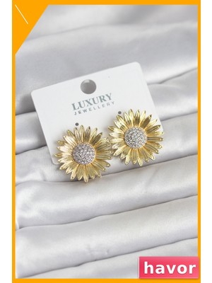 Havor Zirkon Taşlı Pirinç Gold Renk Kadın Küpe Papatya Model