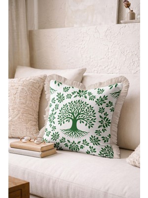 Hanna Home Kırlent Kılıfı Yeşil Ağaç Desenli Dekoratif Kırlent Kılıfı Saçaklı Kırlent Oturma Odası Kırlenti 43X43 cm