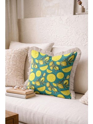 Hanna Home Saçaklı Limon Desenli Turkuaz Dekoratif Kırlent Kılıfı Yastık Kılıfı Koltuk Takımı Aksesuarı 43X43 cm