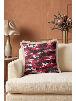 Hanna Home Kamuflaj Desenli Dekoratif Yastık Kılıfı Saçaklı Kırlent Ev Dekorasyonu 43X43 cm