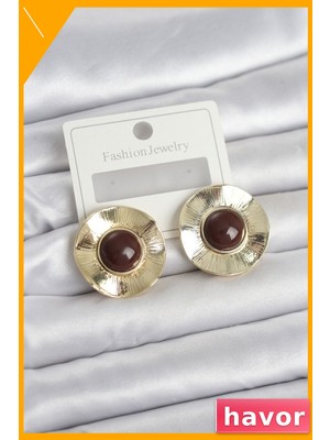 Havor Vintage Tarz Pirinç Kadın Küpe Kahverengi Altın Renk