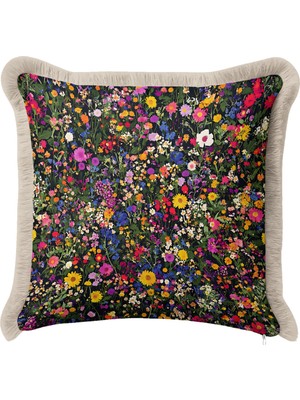 Hanna Home Saçaklı Kırlent Kılıfı Çiçek Desenli Kırlent Kılıfı Kanepe Dekorasyonu 43X43 cm