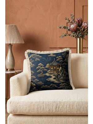 Hanna Home Dekoratif Kırlent Kılıfı Lacivert Doğu Esintili Manzaralı Salon Koltuk Yastığı Saçaklı Saçaklı Kırlent 43X43 cm