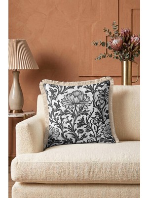 Hanna Home Krem Beyaz Kırlent Kılıfı Siyah Beyaz Çiçek Desenli Dekoratif Kırlent Kılıfı Saçaklı Kırlent Kanepe Dekorasyonu 43X43