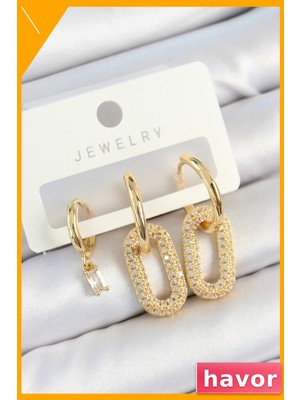 Havor Zirkon Taşlı Dikdörtgen 3'lü Kadın Küpe Seti Pirinç Malzeme