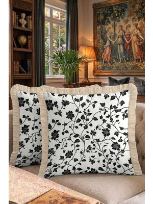 Hanna Home Saçaklı Kırlent Kılıfı Krem Beyaz Kırlent Kılıfı Siyah Beyaz Floral Çiçekli Kanepe Dekorasyonu Saçaklı Kırlent Kılıfı