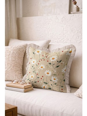 Hanna Home Saçaklı Kırlent Kılıfı Botanik Floral Desenli Koltuk Takımı Aksesuarı Saçaklı Kırlent Kılıfı 43X43 cm
