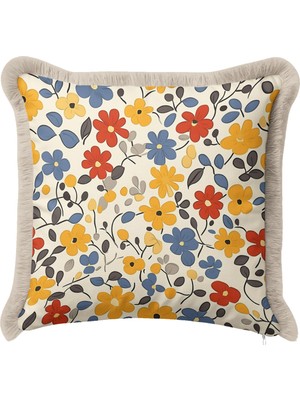 Hanna Home Dekoratif Yastık Kılıfı Botanik Floral Desenli Kanepe Dekorasyonu Saçaklı Kırlent Kılıfı 43X43 cm