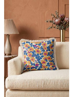 Hanna Home Dekoratif Yastık Kılıfı Çiçek Desenli Yatak Odası Dekoru Saçaklı Yastık Kılıfı 43X43 cm