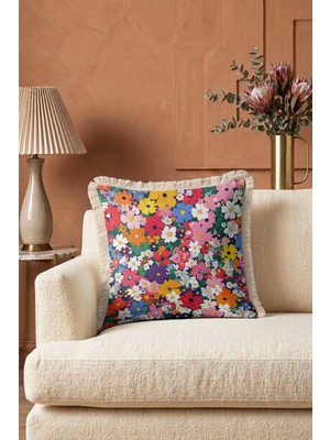 Hanna Home Dekoratif Yastık Kılıfı Botanik Floral Desenli Kanepe Dekorasyonu Saçaklı Yastık Kılıfı 43X43 cm