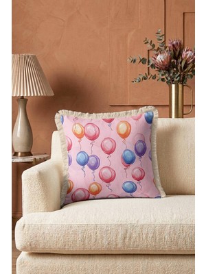 Hanna Home Dekoratif Yastık Kılıfı Pastel Pembe Dekoratif Balon Desenli Saçaklı Kırlent Salon Koltuk Yastığı 43X43 cm