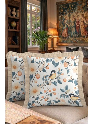 Hanna Home Dekoratif Kırlent Kılıfı Kırlent Kılıfı Kuşlu Çiçekli Saçaklı Kırlent Koltuk Takımı Aksesuarı 43X43 cm