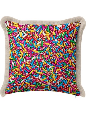 Hanna Home Kırlent Kılıfı Renkli Şekerleme Desenli Saçaklı Kırlent Kılıfı Kırlent Kılıfı Koltuk Takımı Aksesuarı 43X43 cm