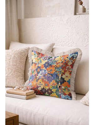 Hanna Home Saçaklı Saçaklı Kırlent Renkli Çiçekli Dekoratif Kırlent Kılıfı Oturma Odası Kırlenti 43X43 cm