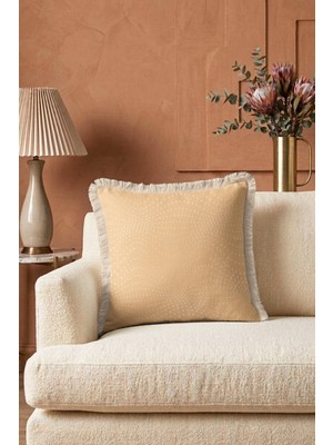 Hanna Home Saçaklı Kırlent Kılıfı Naturel Bej Özel Desenli Koltuk Takımı Aksesuarı Saçaklı Kırlent Kılıfı 43X43 cm