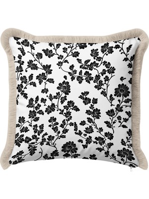 Hanna Home Saçaklı Kırlent Kılıfı Krem Beyaz Çiçek Desenli Kırlent Kılıfı Oturma Odası Kırlenti 43X43 cm