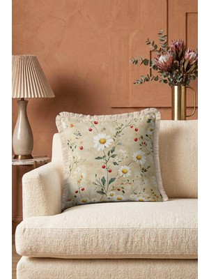Hanna Home Dekoratif Kırlent Kılıfı Çiçek Desenli Saçaklı Kırlent Kanepe Dekorasyonu 43X43 cm