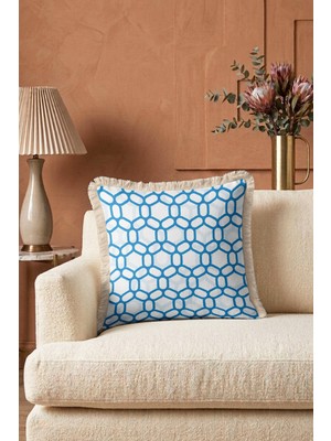 Hanna Home Dekoratif Kırlent Kılıfı Mavi Geometrik Desenli Oturma Odası Kırlenti Saçaklı Yastık Kılıfı 43X43 cm