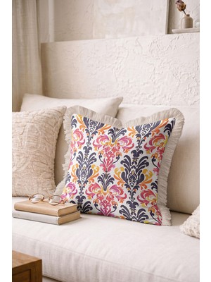 Hanna Home Saçaklı Kırlent Kılıfı Tropikal Çiçek Desenli Koltuk Takımı Aksesuarı Saçaklı Kırlent Kılıfı 43X43 cm