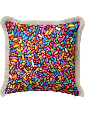 Hanna Home Saçaklı Kırlent Kılıfı Renkli Şekerleme Desenli Saçaklı Kırlent Salon Koltuk Yastığı 43X43 cm